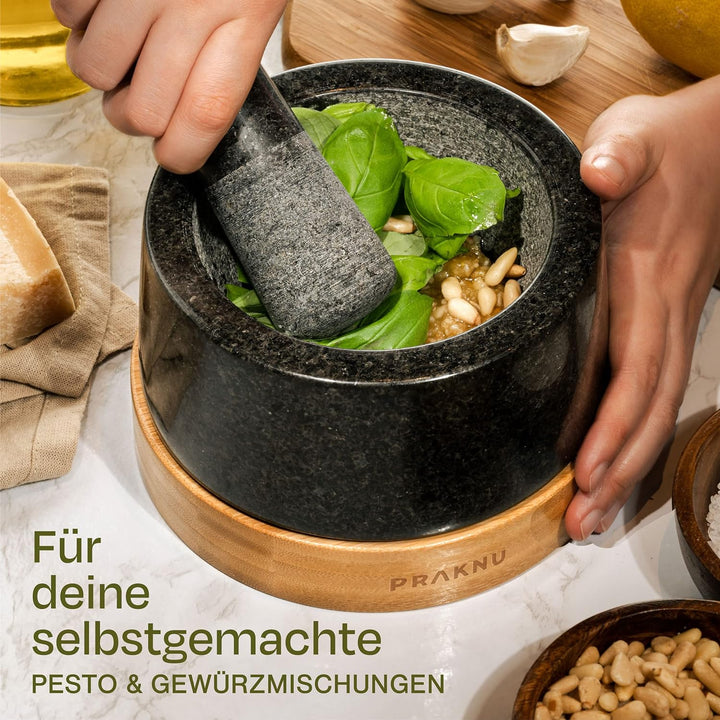Mörser mit Stössel aus Granit - Für ein feines Mahlergebnis - Mit Untersetzer aus nachhaltigem FSC H