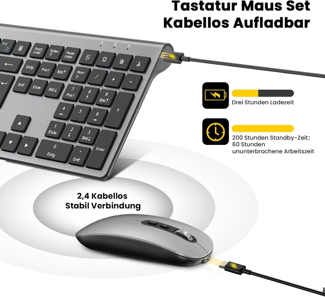 cimetech Tastatur Maus Set Kabellos, Ultra-Dünne Wiederaufladbare Kabellose Tastatur und Maus Ergono