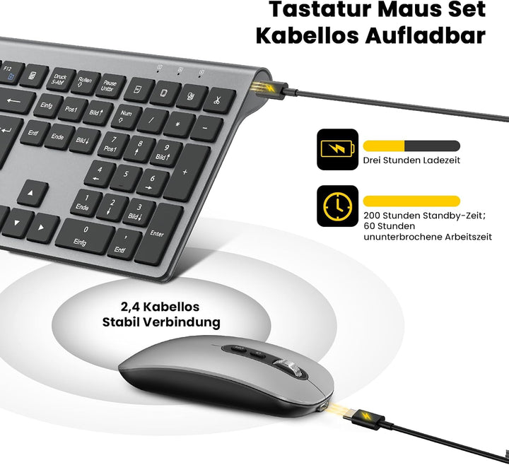 cimetech Tastatur Maus Set Kabellos, Ultra-Dünne Wiederaufladbare Kabellose Tastatur und Maus Ergono