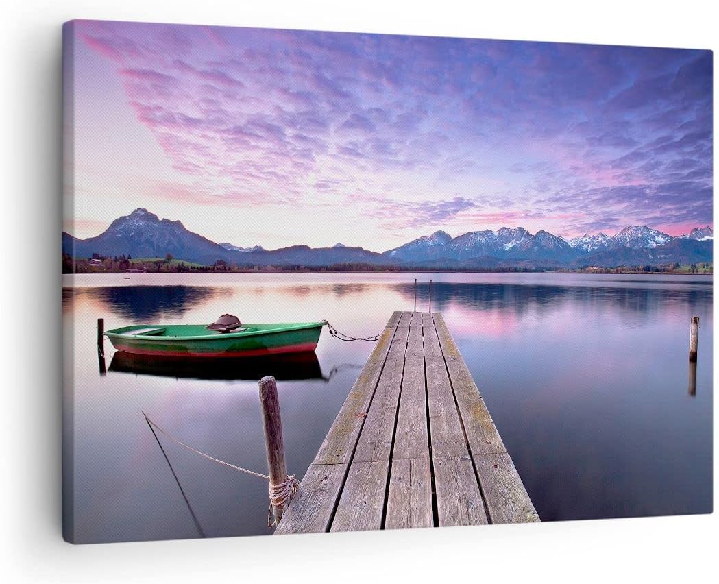 Bilder auf Leinwand See Berge Wasser Leinwandbild mit Rahmen 70x50cm Wandbilder Dekoration Wohnzimme