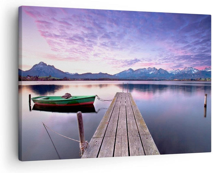 Bilder auf Leinwand See Berge Wasser Leinwandbild mit Rahmen 70x50cm Wandbilder Dekoration Wohnzimme