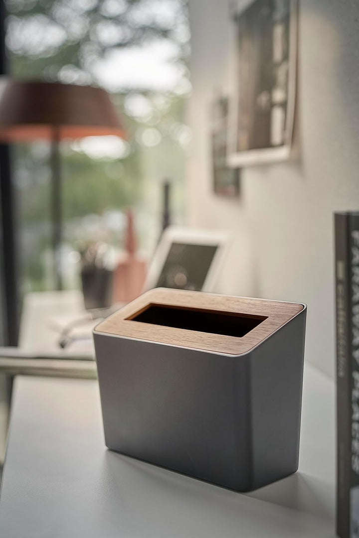YAMAZAKI 5230 RIN Table Trash Can, black, ABS Resin/Wood, 22 x 9 x 15.5 cm Schwarz, Schwarz