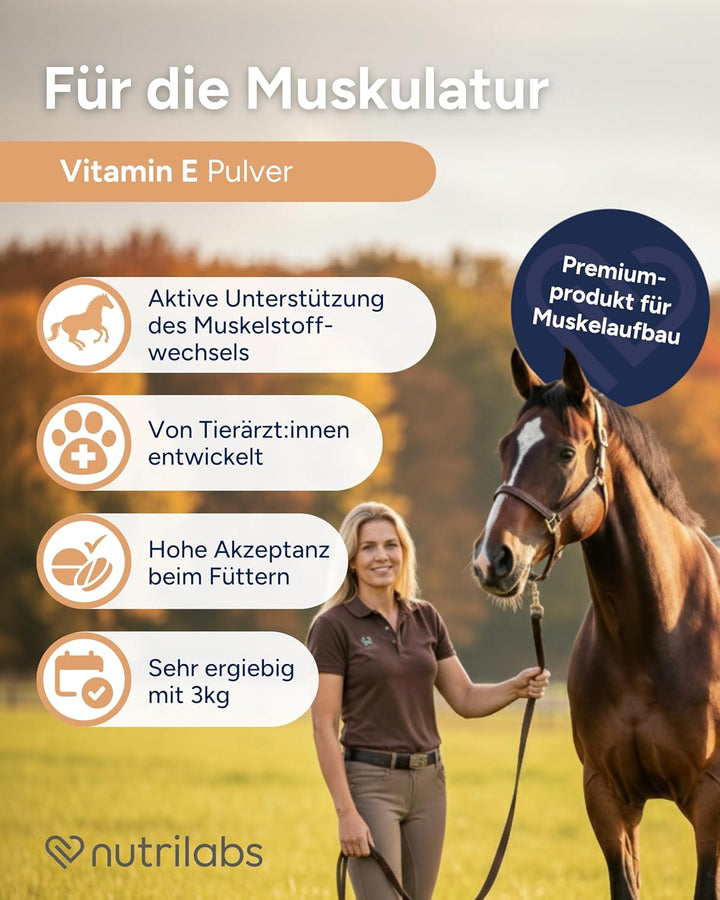 NutriLabs Vitamin E, Selen & Lysin Pulver zur Unterstützung des Muskelaufbaus bei Sportpferden, 3,0