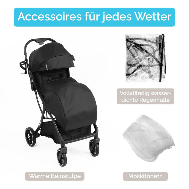 Fjällräv Buggy Kinderwagen bis 22 kg, Leicht, Einhand-Faltbar, 4-fach Verdeck mit Fenster, 360° Gel-