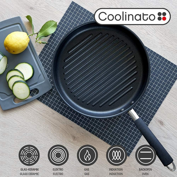 Coolinato Grillpfanne rund 26cm, Pfanne beschichtet für Induktion und andere Herde, Steakpfanne ofen