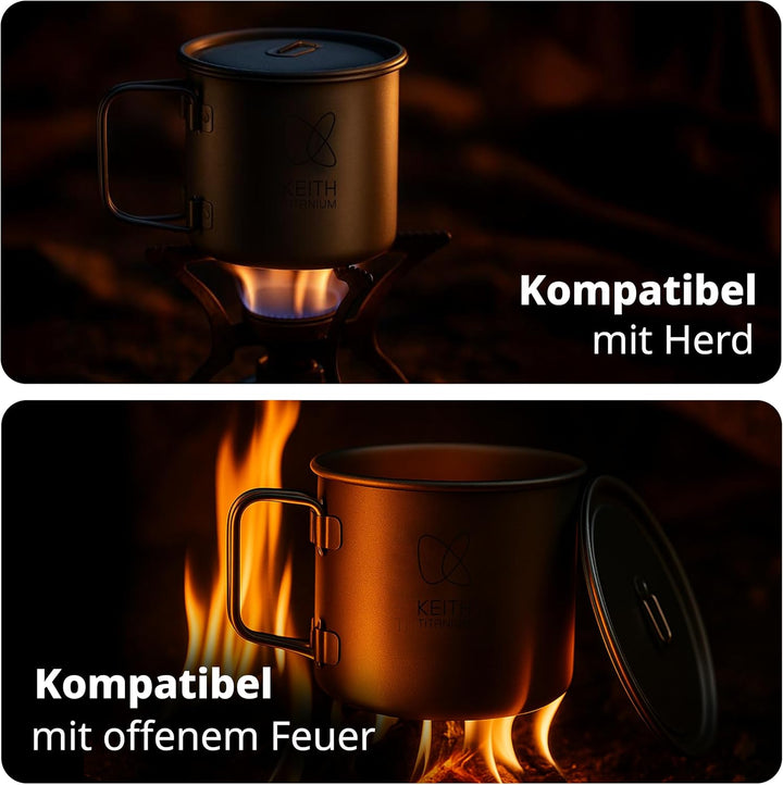 Keith Titanium Einwandiger Titanbecher, Tragbarer Kaffeebecher mit Deckel & klappbarem Henkel, Trink