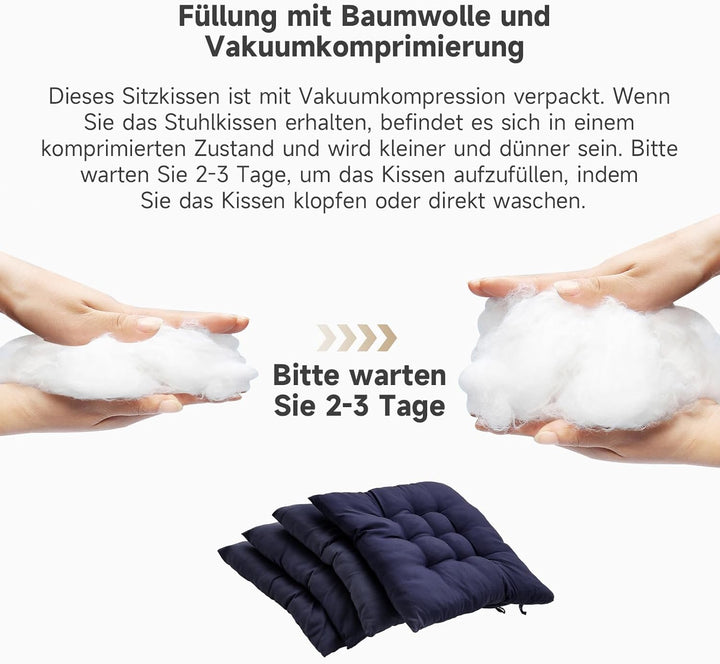 4er Set Stuhlkissen mit Bändern, Bequemes Sitzkissen 40x40 cm Stuhlauflage für Bürostuhl, Gartenstuh