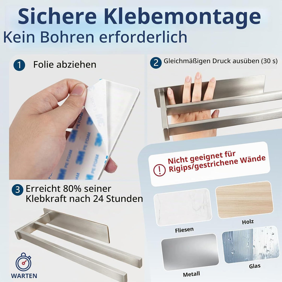 Feligio Handtuchhalter zum Kleben 36cm für Küche Bad Dusche, Handtuchstange Silber Doppelstange, Sil