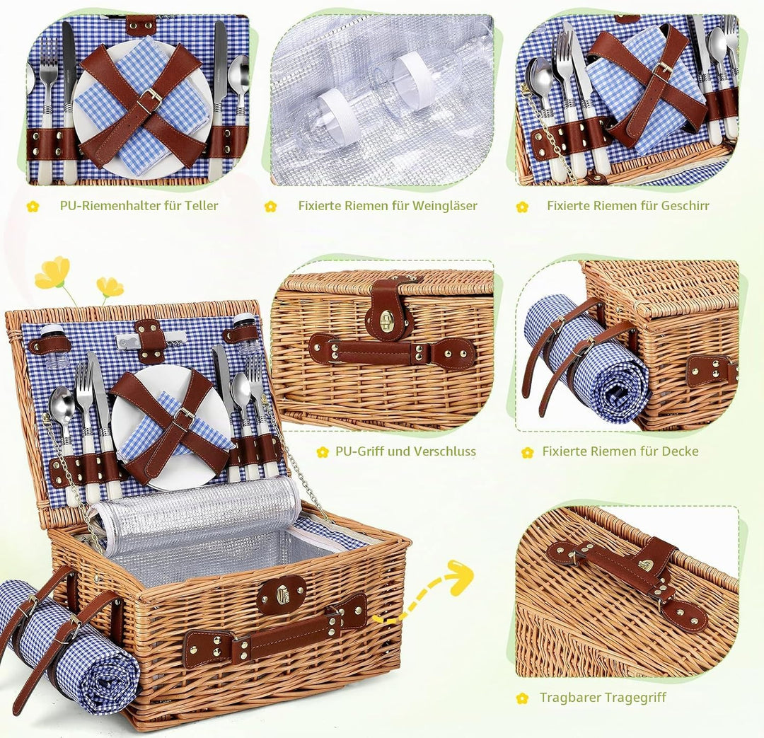 Picknickkorb für 4 Personen, handgeflochtener Korb mit eingebauter Isolierung und wasserdichter Deck
