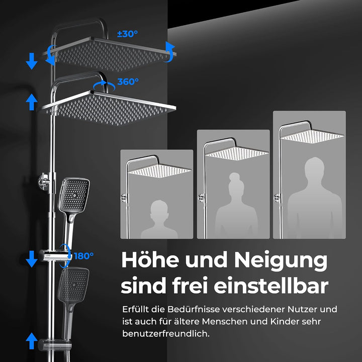 JOHO Edelstahl Duschsystem mit Regendusche ohne Armatur, 30x30 cm Chrom | Regenduschset mit Höhenver