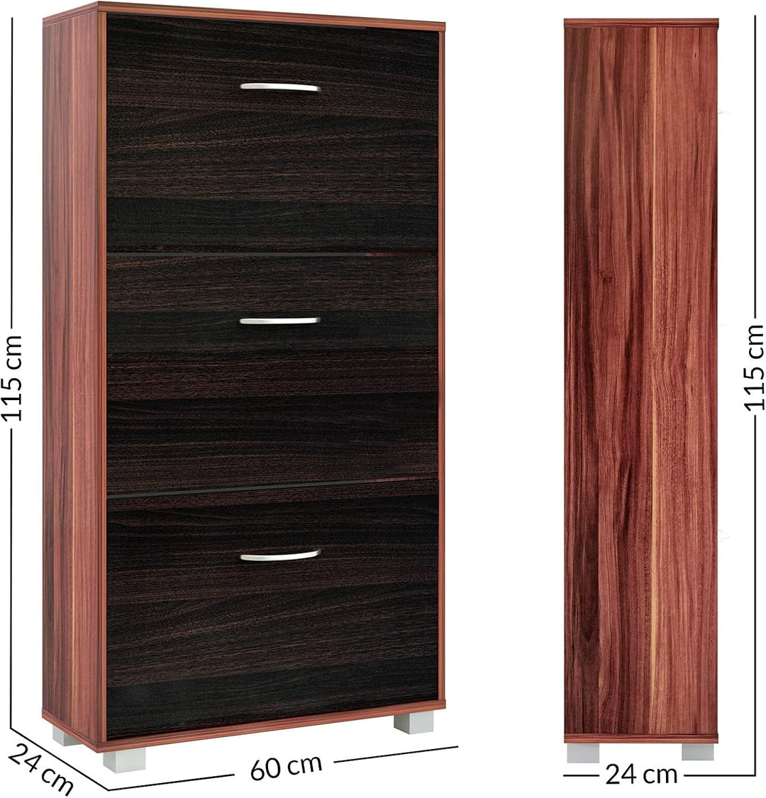 Casaria® Schuhschrank für 18 Paar Schuhe Schmal 115x60x25cm 3 Klappen Hoch Holz Geschlossen Kippsich