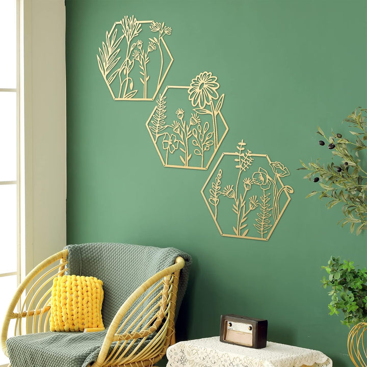 3 Stück goldene Metallblumen-Wanddekoration, minimalistisch, florales Wandbehang, Dekoration, Metall