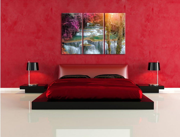 Pixxprint Wasserfall im Regenwald als Leinwandbild/Grösse: 3Teilig (120x80) / Wandbild/Kunstdruck/fe