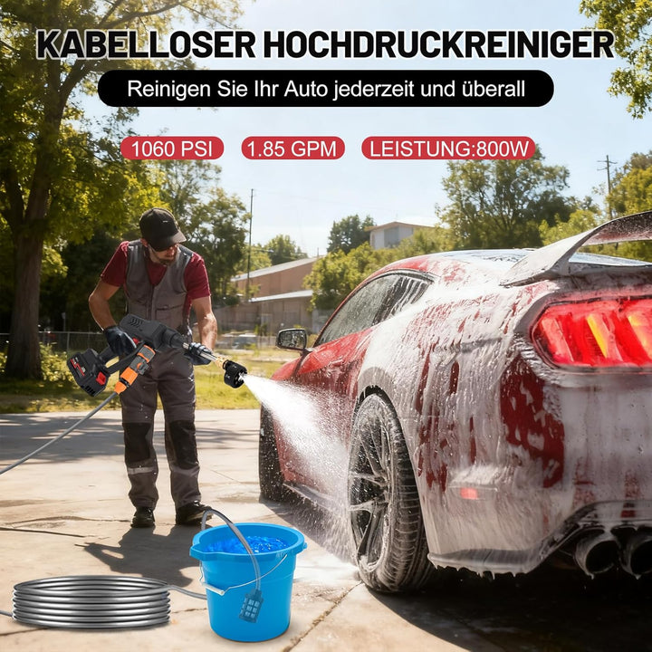 48V Tragbarer Hochdruckreiniger, 140W Leistung mit 6-in-1 Düse, 5m Hochdruckschlauch, Universal-Wass