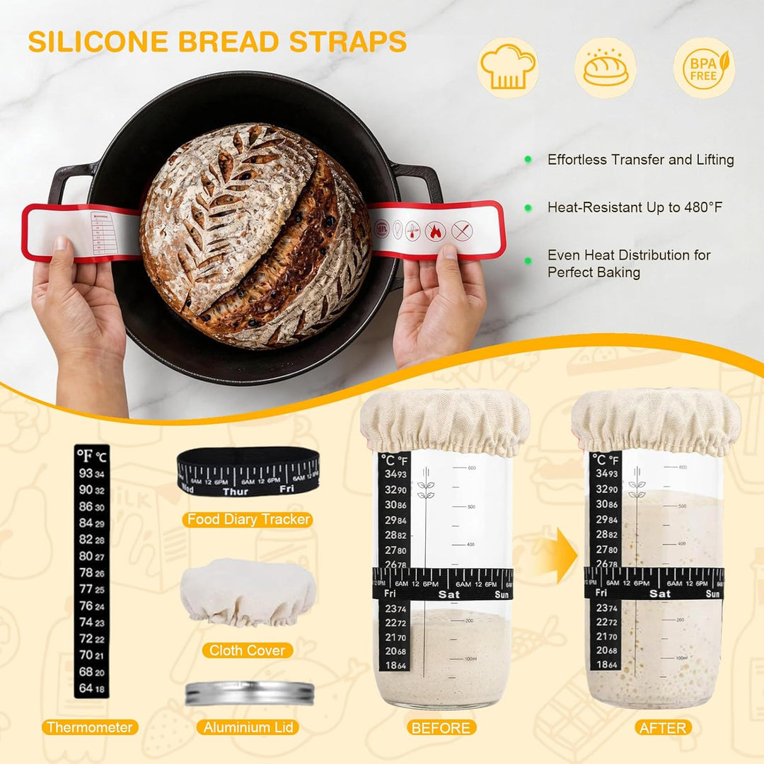 Sauerteig Starter Set, Backzubehör für Sauerteigbrot mit 2 Gärkorb (25cm Ovale & 23cm Runde), Sauert