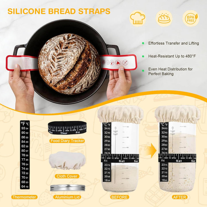 Sauerteig Starter Set, Backzubehör für Sauerteigbrot mit 2 Gärkorb (25cm Ovale & 23cm Runde), Sauert