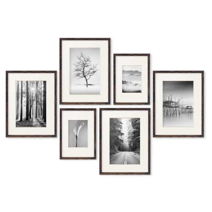 PHOTOLINI Bilderrahmen-Set MDF-Holz Eiche Dunkel, 6er No.4 Rahmenset Posterrahmen mit Passepartout,