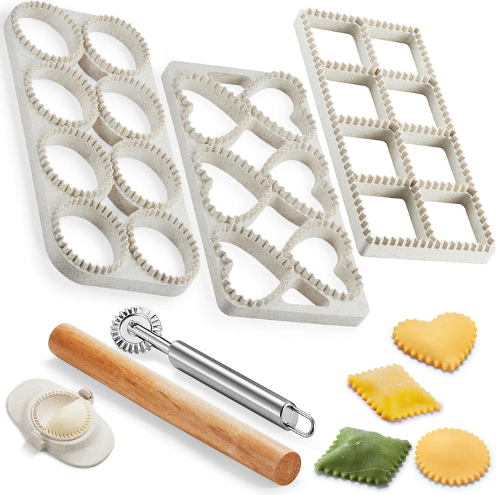 Ravioli Ausstecher Set, 7-teilig, 3 Formen mit Teigrädchen und Nudelholz, 7-Teilig