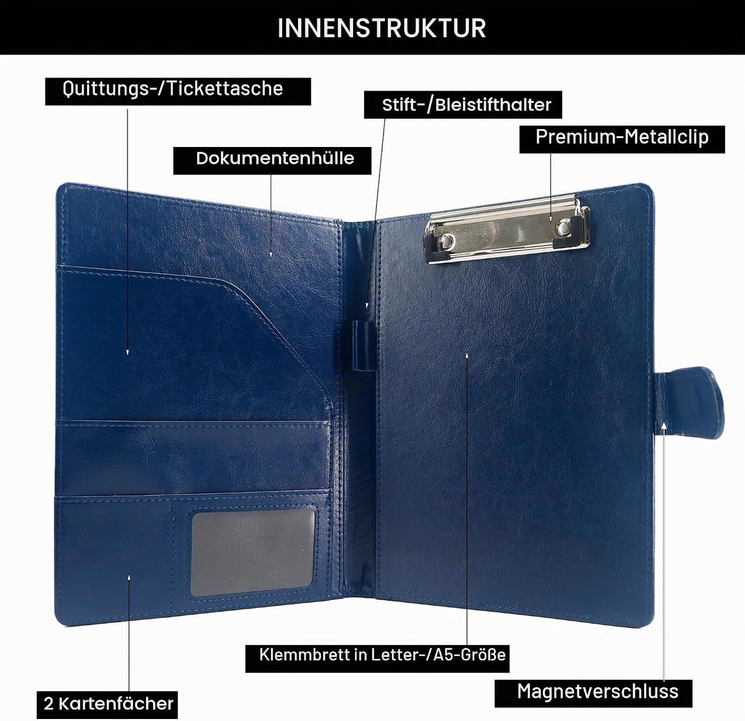 Schreibmappe A5 Klemmbrett Mappe mit Magnetischer Verschluss, organizer büro mappe, Blau Ordner, Dok