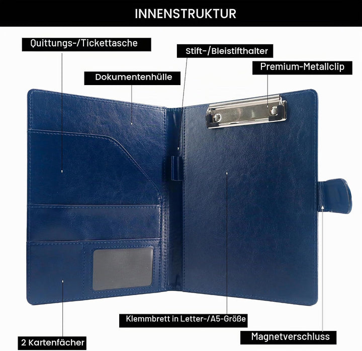 Schreibmappe A5 Klemmbrett Mappe mit Magnetischer Verschluss, organizer büro mappe, Blau Ordner, Dok