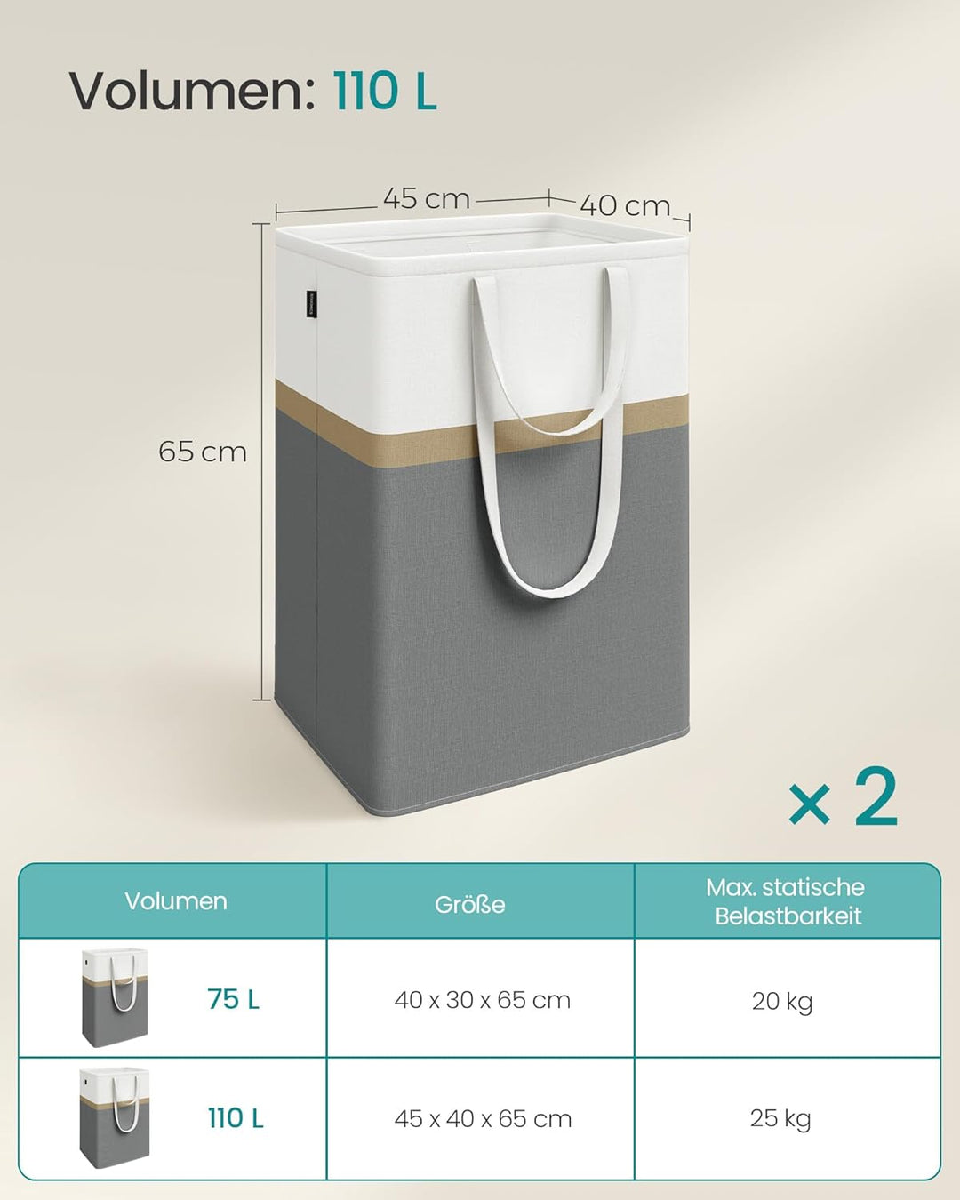 SONGMICS Wäschekorb 2er Set, 110 L Wäschesammler faltbar, mit kurzen und langen Griffen, leicht zu t