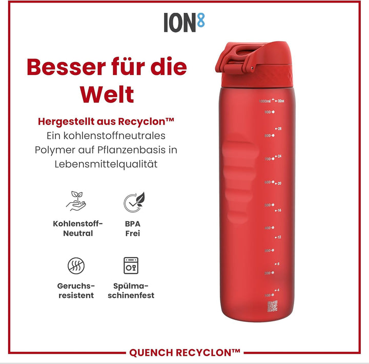 ion8 1 Liter Trinkflasche, 1000ml, Auslaufsicher, Einhandöffnung, Sichere Verriegelung, Spülmaschine