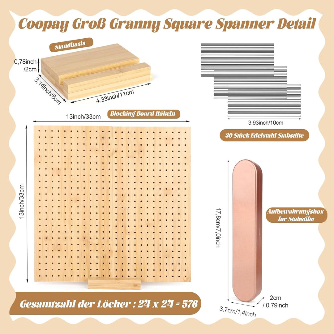 Coopay Granny Square Spanner Gross, 33 x 33 cm Blocking Board Häkeln Gross mit 30 Edelstahl Stabstif