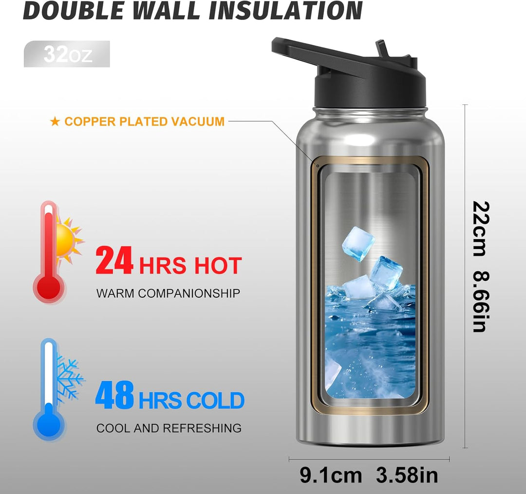 WATERSY Isolierte Edelstahl Trinkflasche 32oz Vakuumisolierte Thermosflasche mit 2 Deckel Auslaufsic