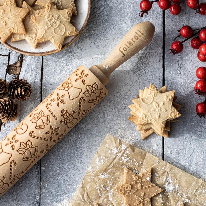 Folkroll 13268 Dekoratives Nudelholz mit 2 Griffen, mittelgross, Motiv Weihnachtsfreude - Glocken, Z