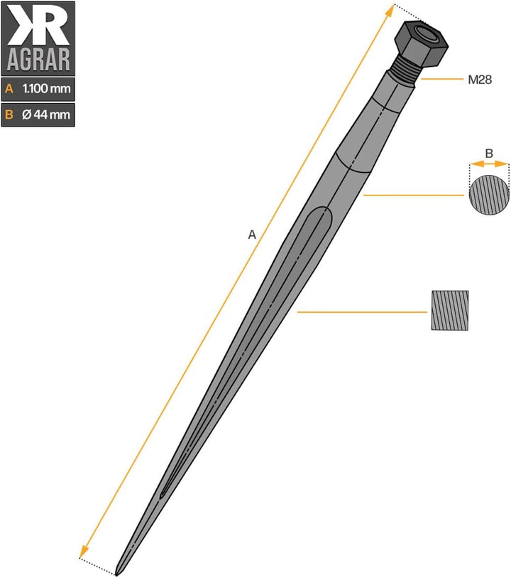 Frontladerzinken | 1100 mm | M28 Gewinde | Vierkantprofil | von SHW | 2 Stück | Grossballenzinken |