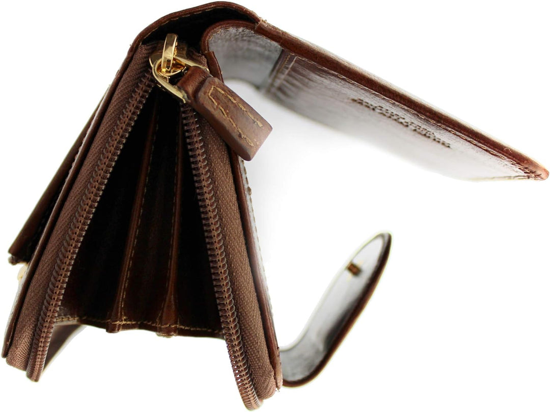 GIUDI ® Geldbörse Damen, Rindsleder, Vintage, Mittel-Gross, Mit vielen Fächern (Braun)