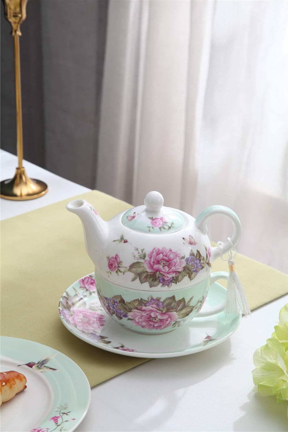 London Boutique Tea for one Teekanne Tasse Suacer Set Shaby Chic Flora Vogel Rose Schmetterling Porz