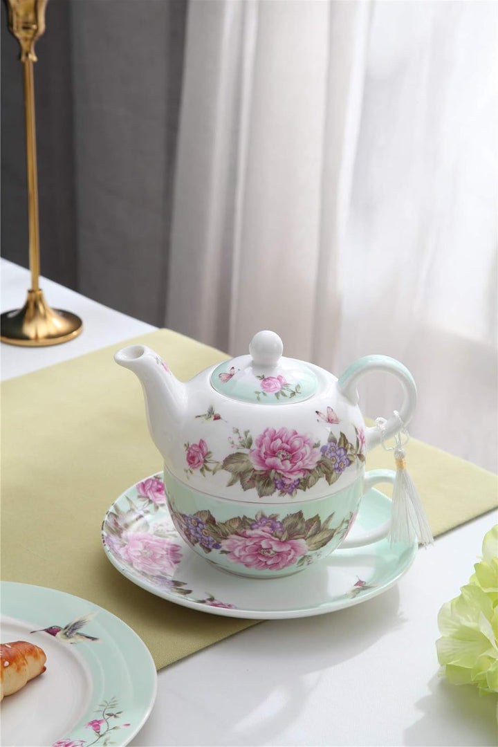 London Boutique Tea for one Teekanne Tasse Suacer Set Shaby Chic Flora Vogel Rose Schmetterling Porz