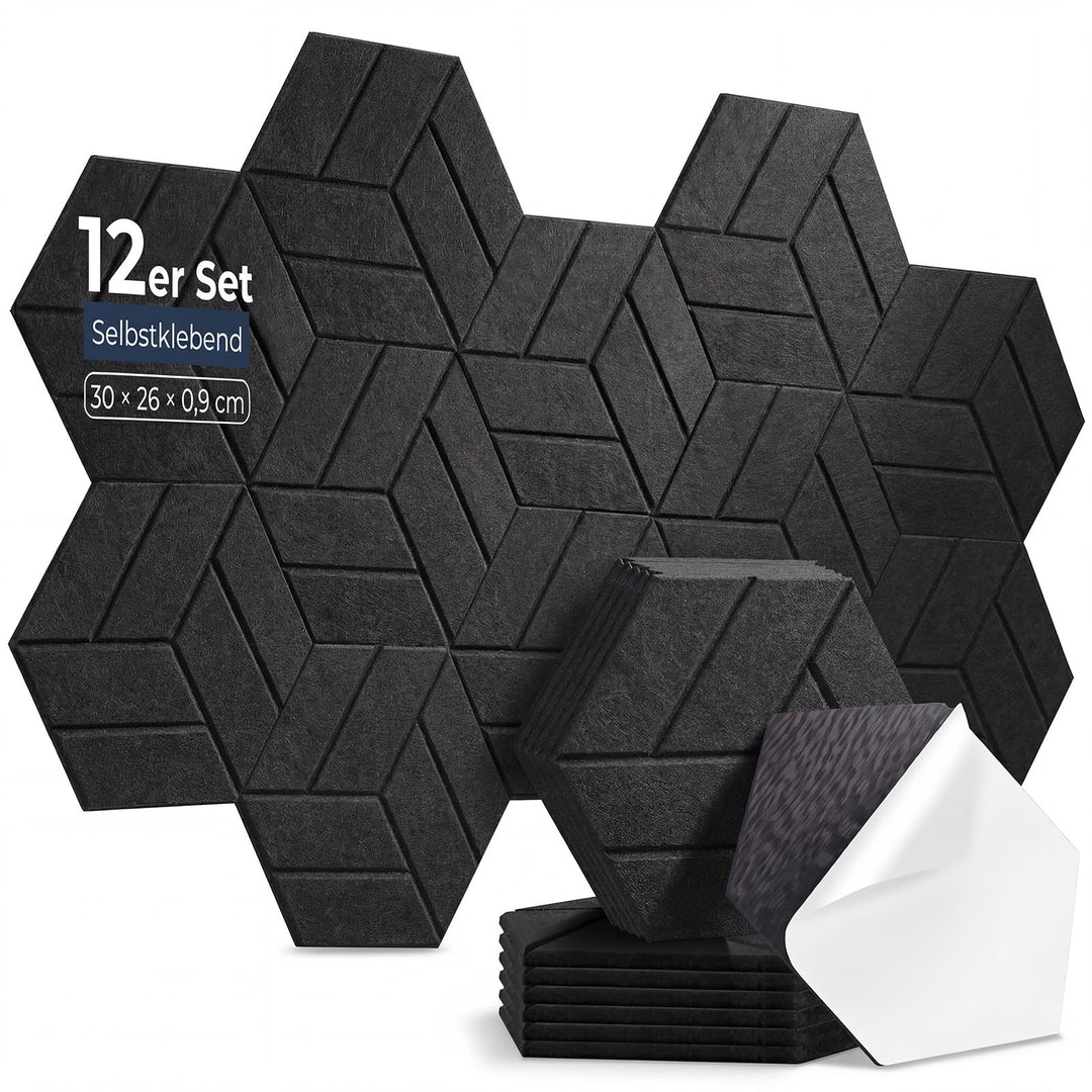 12 Stück Hexagon Akustikplatten Selbstklebend, 30 x 26 x 0,9 cm Hohe Dichte schallabsorber wand, Sch