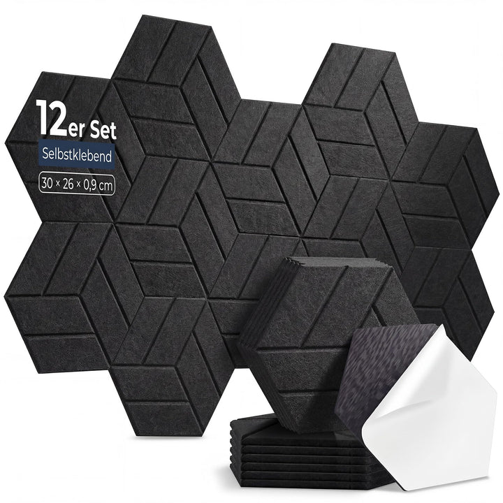 12 Stück Hexagon Akustikplatten Selbstklebend, 30 x 26 x 0,9 cm Hohe Dichte schallabsorber wand, Sch