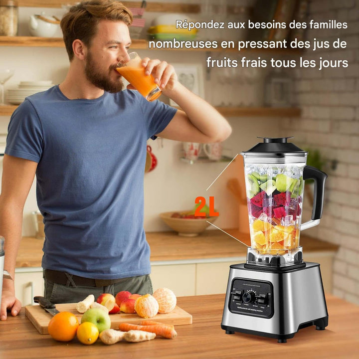 Standmixer Smoothie, 2-in-1 Standmixer mit 4 Klingen, 6000 W Leistung, 2 l Kapazität, Design mit 9 G