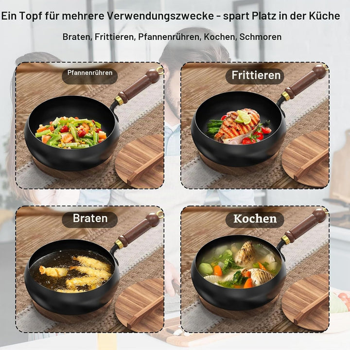 Japanische Handgeschmiedete Eisenpfanne 24cm – Robuste Eisenpfanne mit Holzdeckel &amp; Spatel, Antihaft