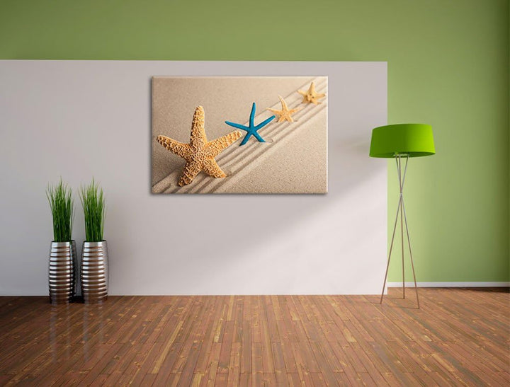 Seesterne im Sand Format: 100x70 auf Leinwand, XXL riesige Bilder fertig gerahmt mit Keilrahmen, Kun