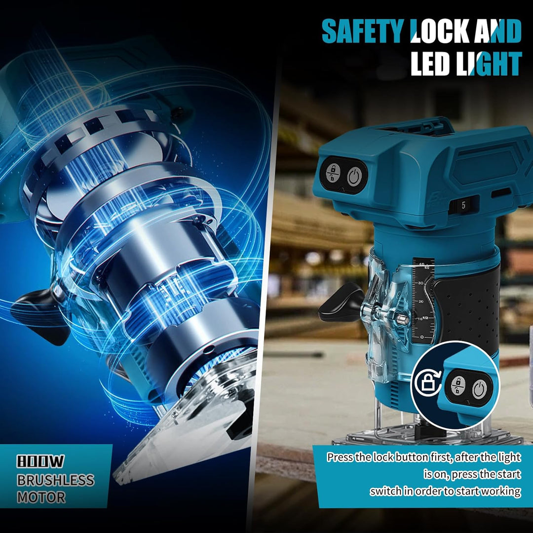 Akku Oberfräse kompatibel mit Makita 18V Akku, 800W Bürstenloser Kantenfräser Set mit 5 Geschwindigk