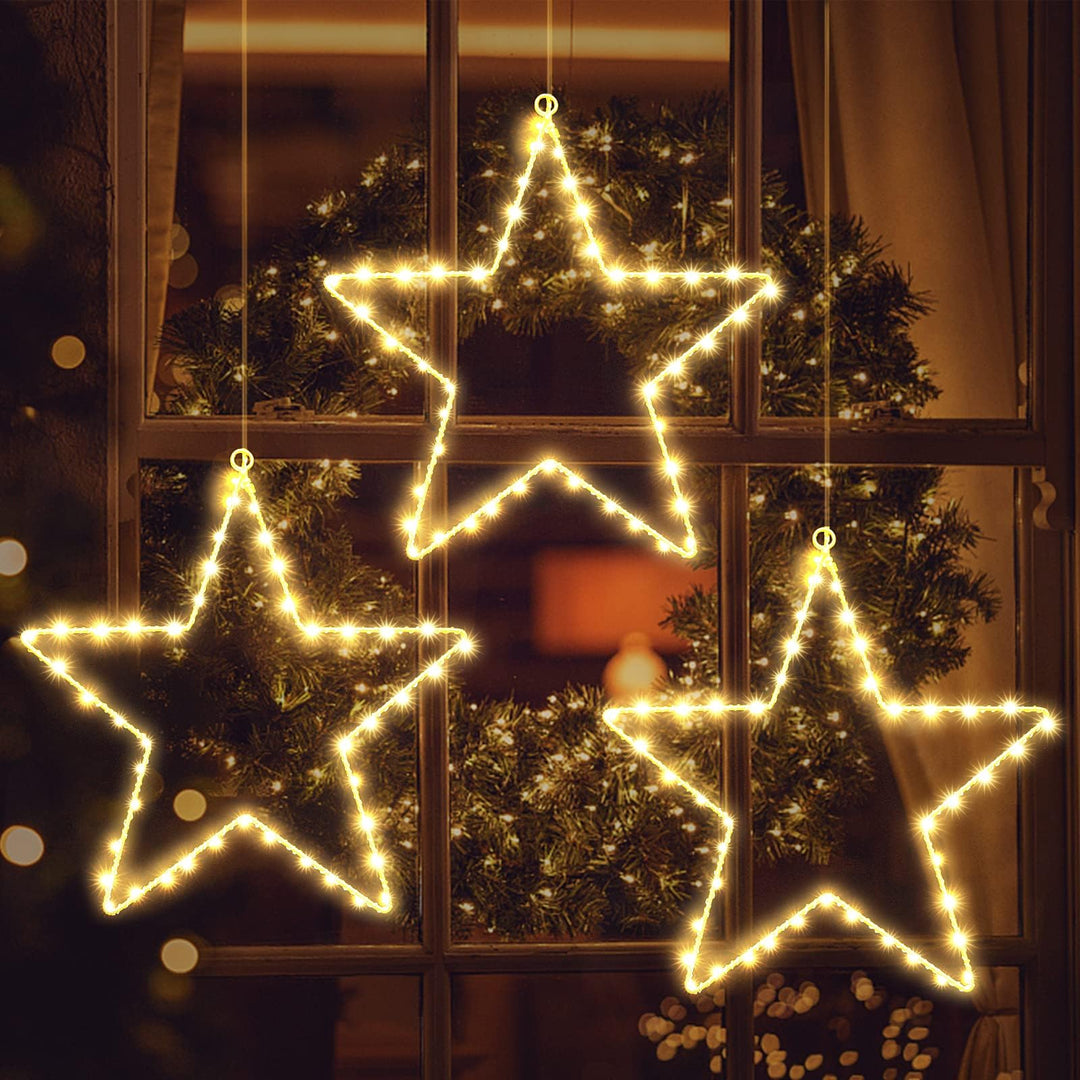 ELKTRY Weihnachtsdeko mit 3 metall Sterne, 135 LED Weihnachtsstern Beleuchtung Innen Batterie Warmwe