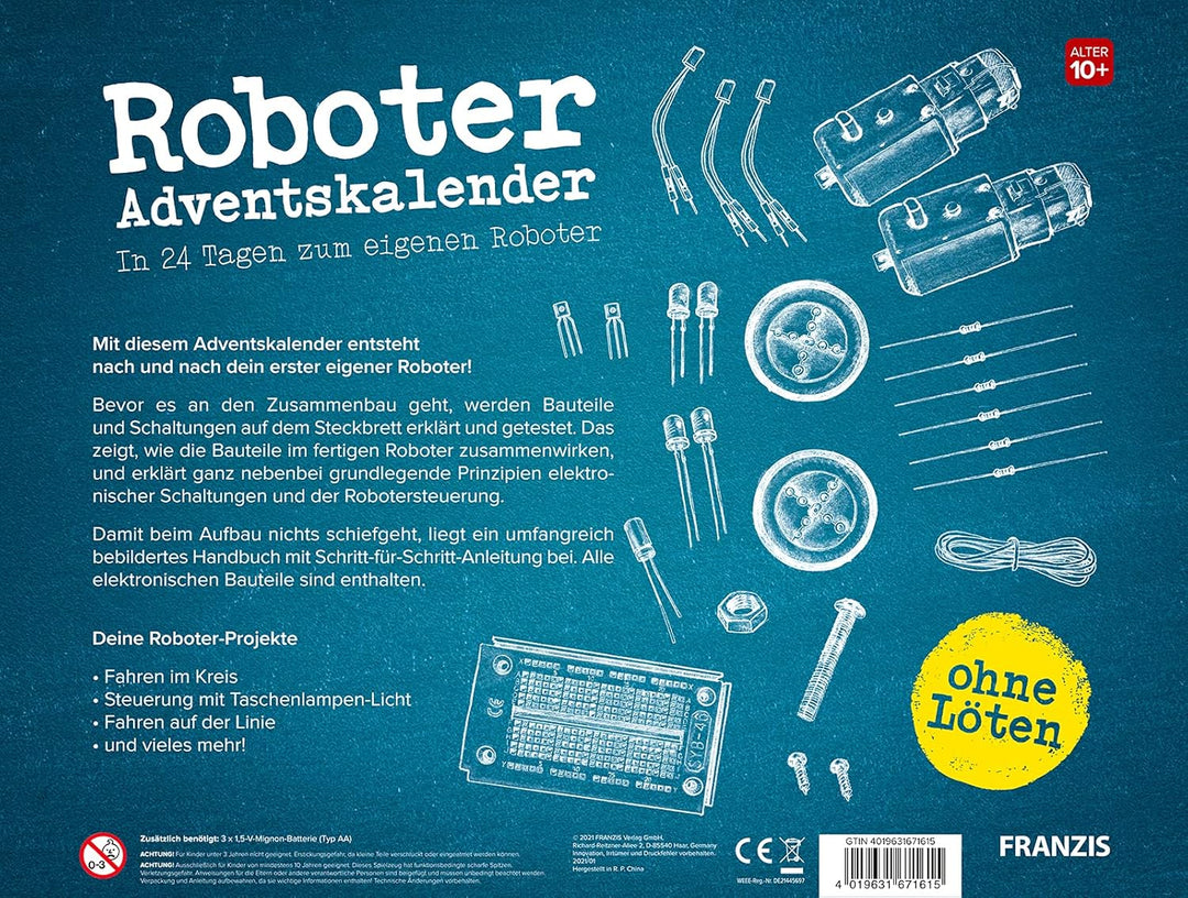 FRANZIS 67161 - Roboter Adventskalender - in 24 Tagen zum eigenen fahrbaren Roboter, ohne Löten, für