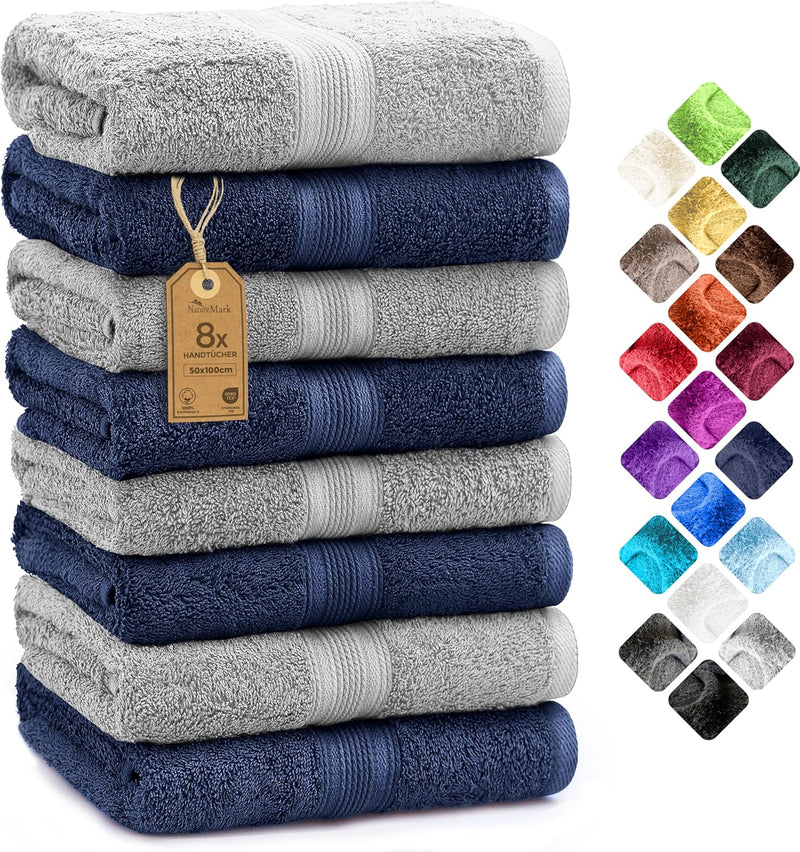 NatureMark NM-HT0842 Frottier Handtücher, 8-er Pack, 50 x 100 cm, 100% Baumwolle (Navy/Silber), Navy