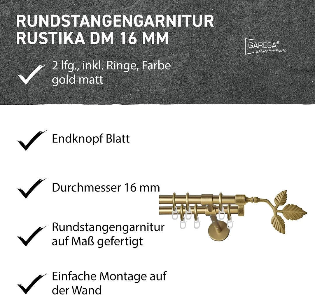 Garesa Gardinenstange Rustika Ø 16mm, 2-läufig, Gold, matt I Rustikale Vorhangstange aus Metall inkl