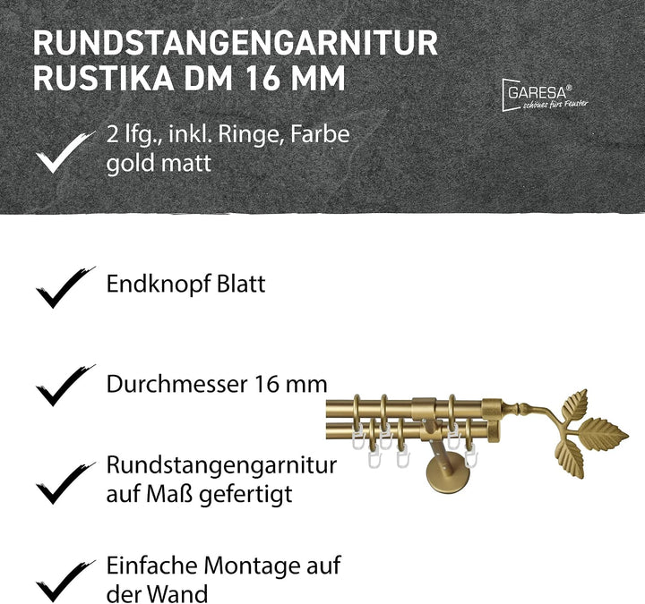 Garesa Gardinenstange Rustika Ø 16mm, 2-läufig, Gold, matt I Rustikale Vorhangstange aus Metall inkl
