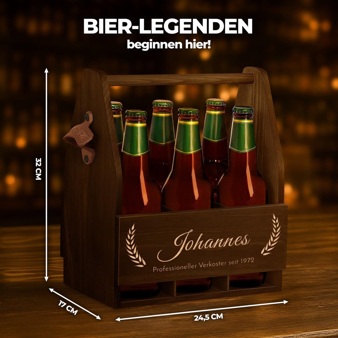 Maverton Bierträger für 6 Flaschen 0,5L + Gravur - Männerhandtasche mit Flaschenöffner - Grösse: 25x