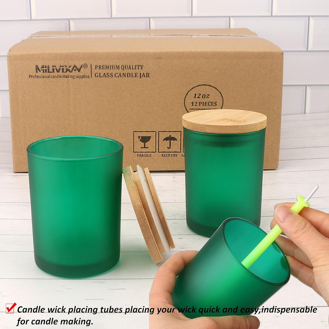 MILIVIXAY 12 Stück 340 ml mattgrüne Glas-Kerzengläser mit Deckel und Kerzenherstellungs-Sets – leere