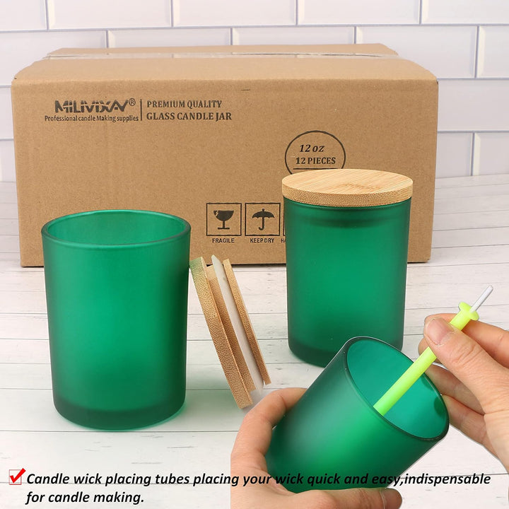 MILIVIXAY 12 Stück 340 ml mattgrüne Glas-Kerzengläser mit Deckel und Kerzenherstellungs-Sets – leere