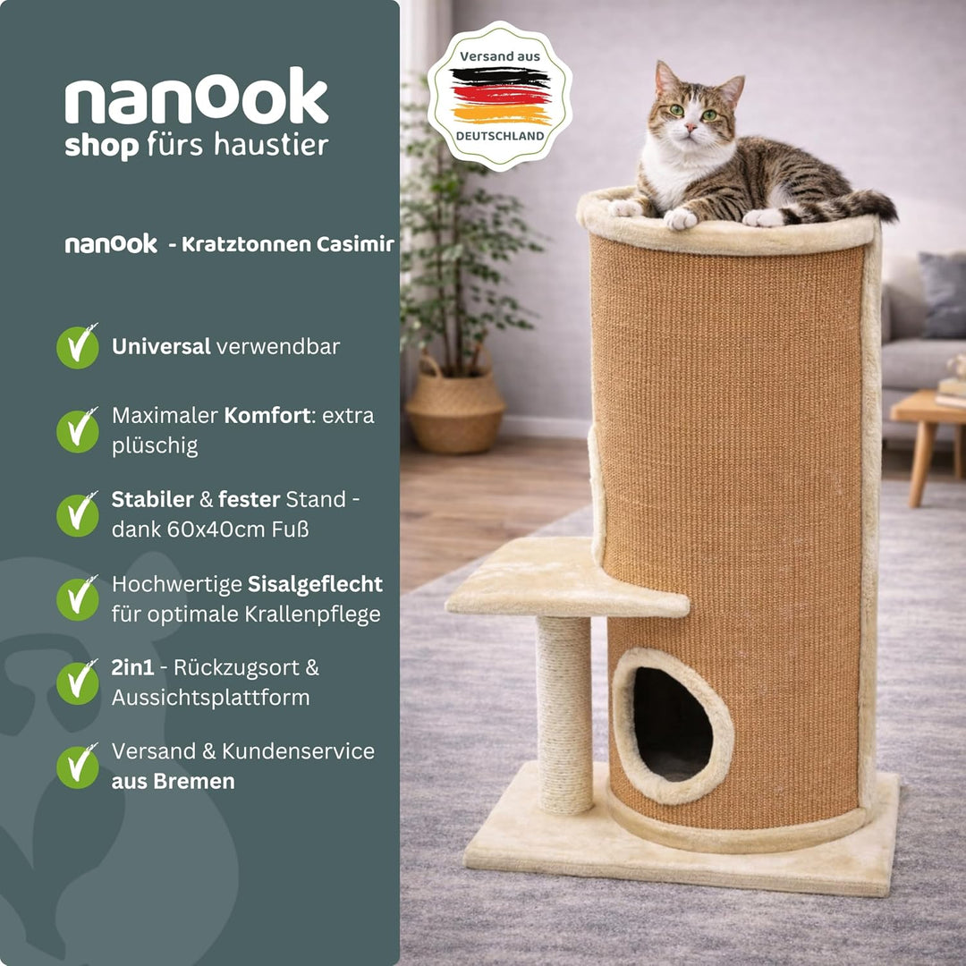 nanook Casimir Kratztonne Kratzbaum XL Katzenhöhle, standfest mit 3 Etagen, seitlicher Sitzplatz mit