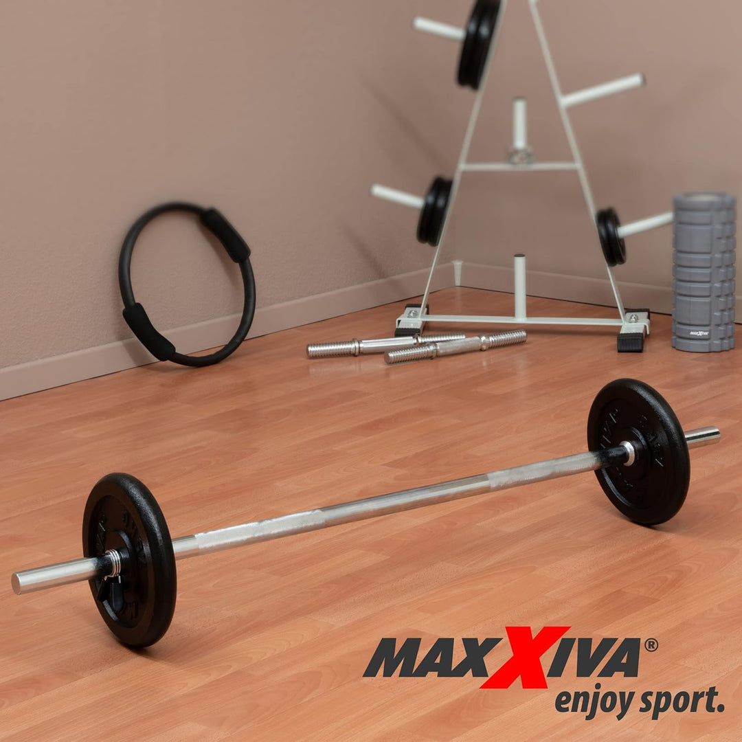 MAXXIVA® Langhantelstange - 120/140/160/180 cm, 30mm, bis 300kg, Stahl, Chrom, Federverschluss - Lan