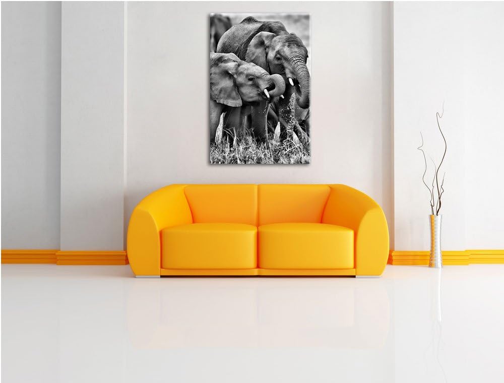 Pixxprint Elefantenhorde am Wasserloch als Leinwandbild | Grösse: 100x70 cm | Wandbild | Kunstdruck